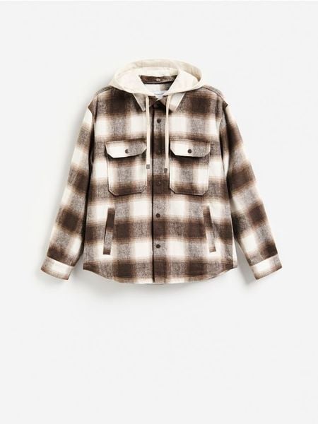Koszula z kapturem - brązowy. Brązowe koszule Reserved, l, bez wzorów, z tkaniny, bez kołnierzyka, bez ramiączek. Za 179.99 zł.