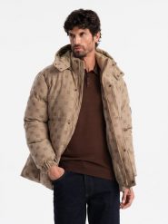 Żakardowa wzorzysta kurtka męska typu puffer– brązowa V2 OM-JAHP-0195 - XXL. Brązowe kurtki Ombre Clothing, na zimę, m, z aplikacjami, z materiału, bez kaptura. W wyprzedaży za 289.99 zł.