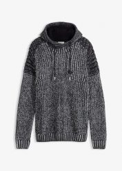 Gruby sweter z kapturem i detalami w stylu biker. Czarne swetry nierozpinane bonprix, m, bez wzorów, bez kołnierzyka, bez ramiączek. Za 122.99 zł.