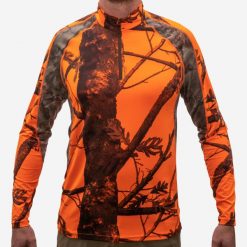 Koszulka myśliwska długi rękaw oddychająca Solognac 500 camo fluo. Brązowe bluzki z długim rękawem SOLOGNAC, l, bez wzorów, z elastanu, bez kołnierzyka, bez ramiączek. Za 119.99 zł.