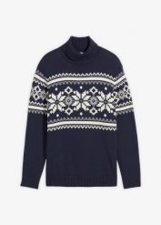Sweter z golfem, w norweski wzór, z czystej bawełny. Niebieskie golfy bonprix, m, bez wzorów, z bawełny, bez ramiączek. Za 129.99 zł.