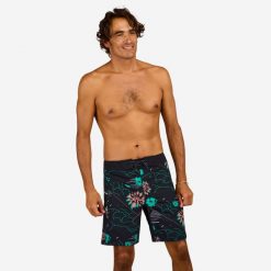 Spodenki surfingowe męskie Olaian 500 19" Paradise. Czarne odzież kąpielowa OLAIAN, l, z aplikacjami, z elastanu, sportowe. Za 79.99 zł.