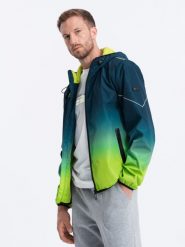Sportowa kurtka męska ombre z odblaskami i polarową podszewką – turkusowo-limonkowa V1 OM-JANP-0105 - XXL. Niebieskie kurtki przejściowe Ombre Clothing, l, bez wzorów, z materiału, bez kaptura. Za 179.99 zł.