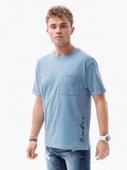 T-shirt męski z nadrukiem - niebieski S1371 - M. Niebieskie t-shirty Ombre Clothing, m, bez wzorów, z bawełny, bez kołnierzyka, bez ramiączek. W wyprzedaży za 19.99 zł.