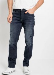 Dżinsy bojówki ze stretchem Slim Fit Straight. Niebieskie jeansy bonprix, m. Za 169.99 zł.