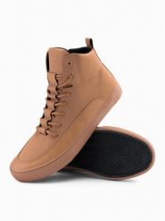 Męskie buty sneakersy za kostkę z ozdobnymi zakładkami – brązowe V3 OM-FOSH-0176 - 45. Brązowe buty sportowe casual Ombre Clothing, bez wzorów, z gumy, za kostkę, bez zapięcia. Za 249.99 zł.