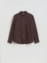 Lniana koszula regular fit - ciemnobrązowy. Brązowe koszule Reserved, l, bez wzorów, bez kołnierzyka, bez ramiączek. Za 179.99 zł.