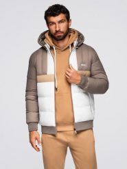 Kolorowa sportowa męska kurtka w stylu retro – beżowo-biała V2 - Rozmiar: M. Białe kurtki przejściowe Ombre Clothing, m, z aplikacjami, z materiału, bez kaptura. Za 379.99 zł.