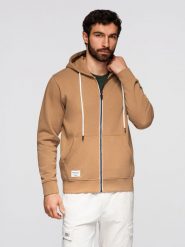 Bluza bawełniana męska dresowa BASIC rozpinana z kapturem - brązowa V2 - Rozmiar: L. Brązowe bluzy Ombre Clothing, l, z aplikacjami, z bawełny, z kapturem. W wyprzedaży za 118.99 zł.