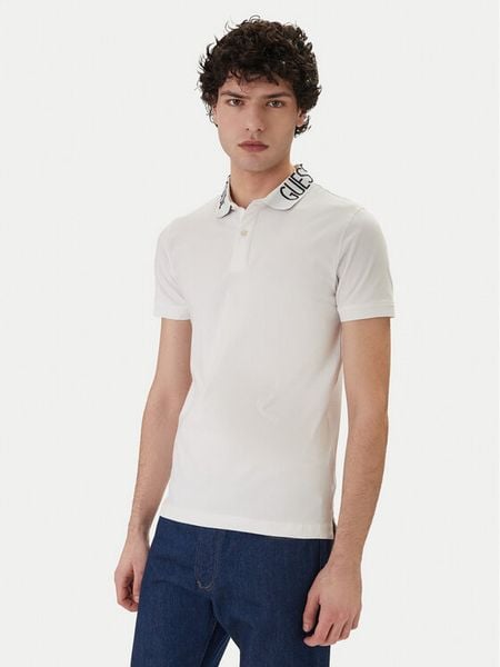 Guess Polo M6GP66 K3070 Biały Slim Fit. Białe koszulki polo Guess, m, z aplikacjami, z bawełny, bez kołnierzyka, bez ramiączek. Za 269.99 zł.