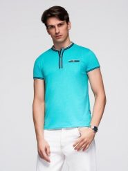 T-shirt męski henley ozdobnymi ściągaczami - turkusowy V7 - Rozmiar: S. Niebieskie t-shirty Ombre Clothing, m, z aplikacjami, z elastanu, bez kołnierzyka, bez ramiączek. W wyprzedaży za 29.99 zł.
