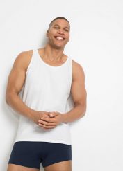 Podkoszulki z bawełny organicznej (2 szt.). Białe podkoszulki bonprix, m, bez wzorów, z bawełny, bez ramiączek. Za 62.99 zł.