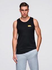 Męski bawełniany tank top z nadrukiem Summer Vibe – czarny V1 - Rozmiar: M. Czarne bezrękawniki Ombre Clothing, m, bez wzorów, z bawełny, bez kołnierzyka, bez ramiączek. W wyprzedaży za 39.99 zł.