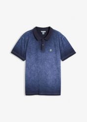 Koszulka polo z efektem sprania. Niebieskie koszulki polo bonprix, m, bez wzorów, bez kołnierzyka, bez ramiączek. Za 87.99 zł.