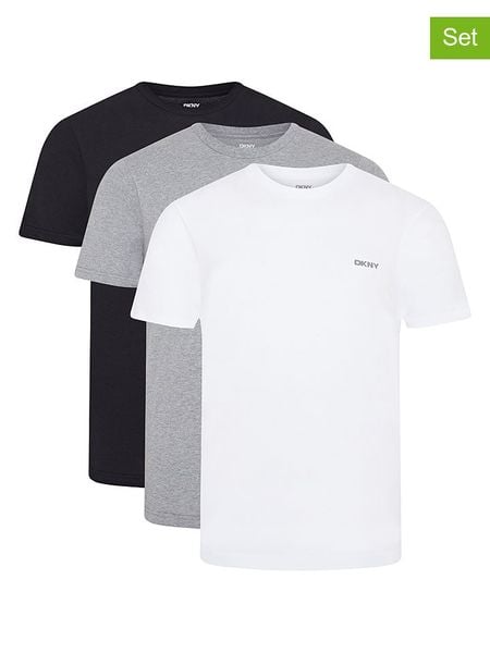 DKNY Koszulki (3 szt.) w kolorze czarnym, szarym i białym rozmiar: L. Białe bezrękawniki DKNY, l, bez wzorów, z bawełny, bez kołnierzyka, bez ramiączek. Za 115.24 zł.