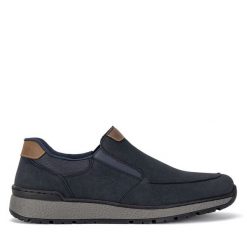 Półbuty Rieker. Niebieskie eleganckie półbuty Rieker, bez wzorów, bez obcasa, bez zapięcia. Za 349.99 zł.