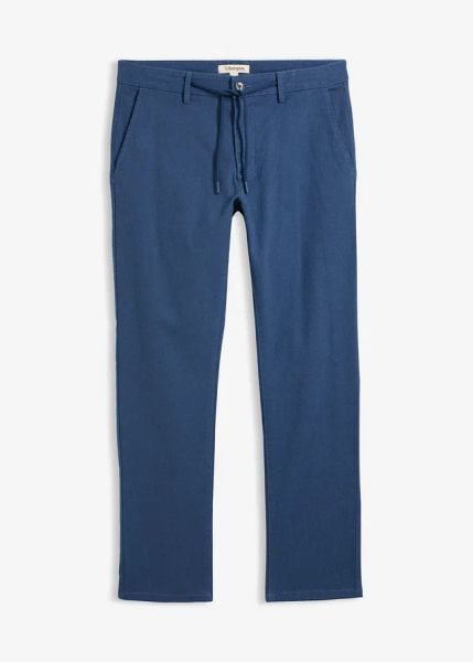 Spodnie chinosy regular fit, z regulowanym wygodnym pasem, straight. Niebieskie eleganckie spodnie bonprix, m, z materiału. Za 59.99 zł.
