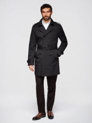 Dwurzędowy elegancki płaszcz męski trencz SLIM FIT z paskiem - czarny V2 - Rozmiar: L. Czarne płaszcze Ombre Clothing, l, bez wzorów, z materiału, eleganckie, bez kaptura. Za 459.99 zł.