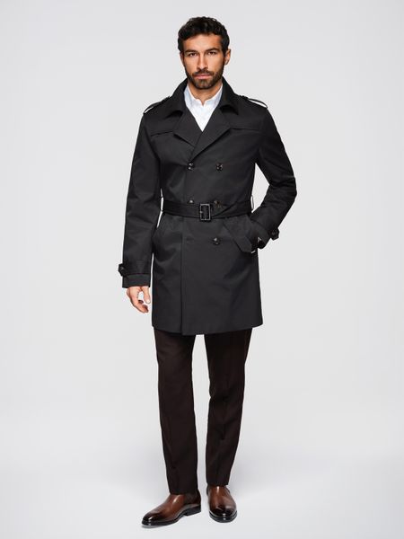 Dwurzędowy elegancki płaszcz męski trencz SLIM FIT z paskiem - czarny V2 - Rozmiar: L. Czarne płaszcze Ombre Clothing, l, bez wzorów, z materiału, eleganckie, bez kaptura. Za 459.99 zł.