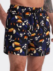 Szorty męskie kąpielówki w tukany - czarno-granatowe V1 OM-SRBS-0140 - XL. Niebieskie szorty Ombre Clothing, l, bez wzorów, z poliesteru. Za 53.99 zł.