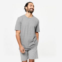 Koszulka fitness męska Domyos krótki rękaw. Szare bluzki z długim rękawem DOMYOS, m, bez wzorów, z bawełny, bez kołnierzyka, bez ramiączek. Za 39.99 zł.