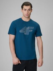 4F T-shirt regular z nadrukiem męski - turkusowy S. Niebieskie t-shirty 4F, m, bez wzorów, z bawełny, bez kołnierzyka, bez ramiączek. Za 69.99 zł.