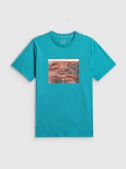4F T-shirt regular z nadrukiem męski - turkusowy S. Niebieskie t-shirty 4F, m, bez wzorów, z materiału, bez kołnierzyka, bez ramiączek. Za 79.99 zł.