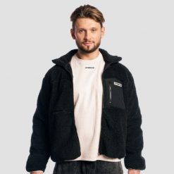 Kurtka męska fitness oversize z zamkiem czarna Sherpa. Czarne kurtki GYMBEAM, l, bez wzorów, z materiału, bez kaptura. Za 195.90 zł.