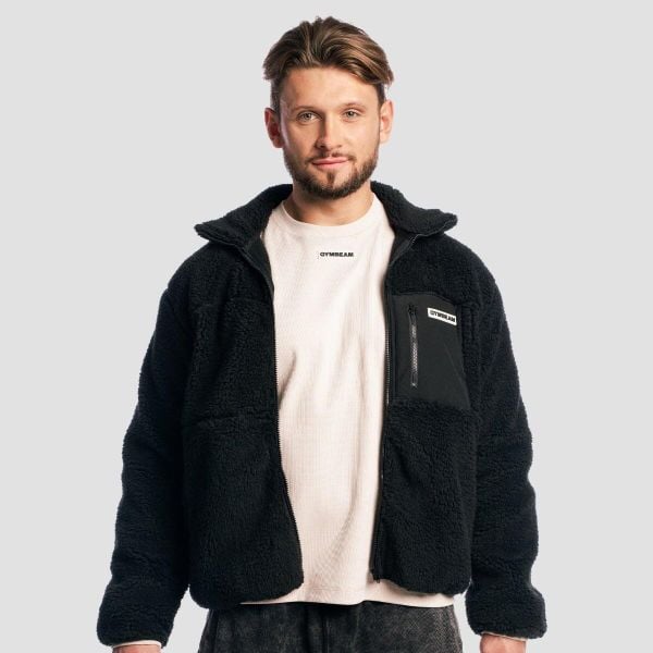 Kurtka męska fitness oversize Sherpa. Czarne kurtki GYMBEAM, l, bez wzorów, z materiału, bez kaptura. Za 195.90 zł.