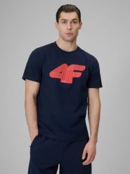 4F T-shirt regular z nadrukiem męski - granatowy S. Niebieskie t-shirty 4F, m, bez wzorów, z bawełny, bez kołnierzyka, bez ramiączek. Za 69.99 zł.