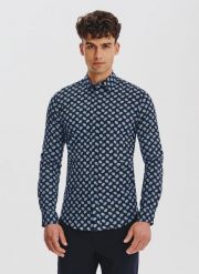 PAKO LORENTE – Granatowa koszula w kwiaty. Koszule Pako Lorente, m, bez wzorów, z bawełny, bez kołnierzyka, bez ramiączek. Za 149.99 zł.