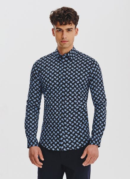 PAKO LORENTE – Granatowa koszula w kwiaty. Koszule Pako Lorente, m, bez wzorów, z bawełny, bez kołnierzyka, bez ramiączek. Za 119.99 zł.