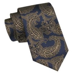 Modny Krawat Męski - Alties - Granat ze Złotym Wzorem. Niebieskie krawaty i muchy Alties, bez wzorów, z tkaniny. Za 49.00 zł.