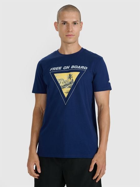 4F T-shirt regular z nadrukiem męski - granatowy XXL. Niebieskie t-shirty 4F, m, bez wzorów, z bawełny, bez kołnierzyka, bez ramiączek. Za 69.99 zł.