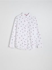 Bawełniana koszula slim fit - złamana biel. Koszule Reserved, l, bez wzorów, z bawełny, bez kołnierzyka, bez ramiączek. W wyprzedaży za 39.99 zł.