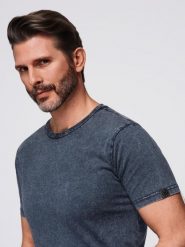 Męski t-shirt z efektem sprania – granatowy V2 - Rozmiar: M. Niebieskie t-shirty Ombre Clothing, m, bez wzorów, z bawełny, bez kołnierzyka, bez ramiączek. Za 149.99 zł.
