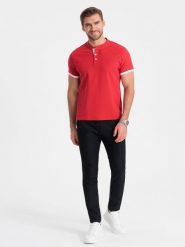 Koszulka męska polo bez kołnierzyka - czerwona V2 OM-TSCT-0156 - XXL. Czerwone koszulki polo sportowe Ombre Clothing, l, bez wzorów, z bawełny, bez kołnierzyka, bez ramiączek. W wyprzedaży za 39.99 zł.