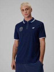4F Koszulka polo tenisowa męska - granatowa L. Niebieskie koszulki polo sportowe 4F, l, bez wzorów, bez kołnierzyka, bez ramiączek, na fitness i siłownię. Za 139.99 zł.