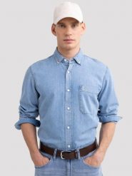 Koszula męska z imitacji jeansu niebieska Jason 147. Niebieskie koszule BIG STAR, na lato, l, bez wzorów, z denimu, bez kołnierzyka, bez ramiączek. W wyprzedaży za 199.99 zł.