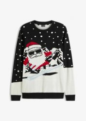 Sweter z bożonarodzeniowym motywem, z bawełną. Czarne swetry nierozpinane bonprix, m, bez wzorów, z bawełny, bez kołnierzyka, bez ramiączek. Za 129.99 zł.