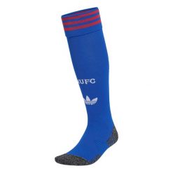 Getry wyjazdowe Manchester United 26/27. Niebieskie legginsy długie sportowe Adidas, l, z aplikacjami, z bawełny, do biegania. Za 99.95 zł.