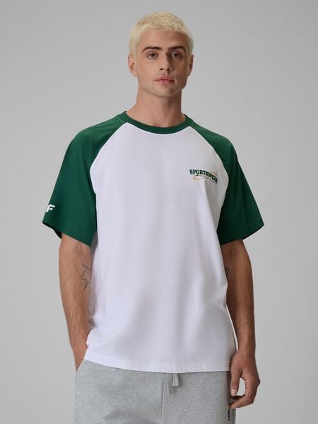 4F T-shirt loose z nadrukiem męski - zielony M. Zielone t-shirty 4F, m, bez wzorów, z bawełny, bez kołnierzyka, bez ramiączek. Za 59.99 zł.