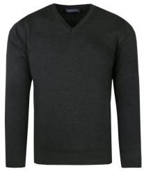 Elegancki Męski Sweter Polskiej Marki Rigon – V-neck (serek) - Grafitowy. Szare swetry rozpinane Rigon, l, bez wzorów, z bawełny, bez kołnierzyka, bez ramiączek. Za 145.00 zł.