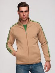 Bluza męska rozpinana z kontrastowymi lampasami i wysoką stójką – brązowa V1. Brązowe bluzy Ombre Clothing, m, bez wzorów, z bawełny, bez kaptura. W wyprzedaży za 146.99 zł.