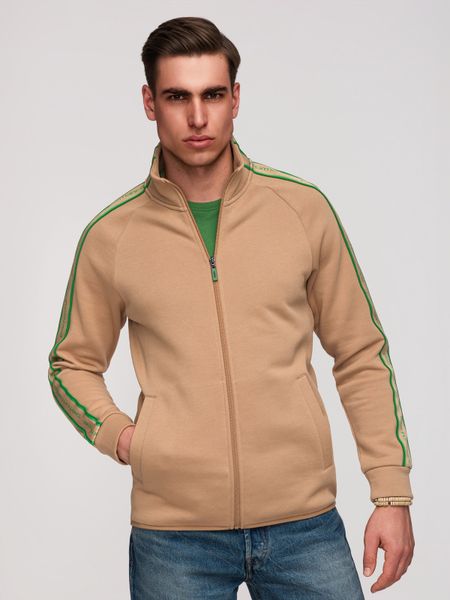 Bluza męska rozpinana z kontrastowymi lampasami i wysoką stójką – brązowa V1. Brązowe bluzy Ombre Clothing, m, bez wzorów, z bawełny, bez kaptura. W wyprzedaży za 146.99 zł.