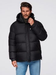 Pikowana męska kurtka z wysoko zapinanym kapturem – czarna V1 - Rozmiar: S. Czarne kurtki Ombre Clothing, na zimę, m, z aplikacjami, z materiału. Za 439.99 zł.