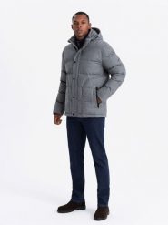 Casualowa kurtka męska puffer z wełną – szary melanż V1 OM-JAHP-0203 - XXL. Szare kurtki Ombre Clothing, l, z aplikacjami, z materiału. Za 402.99 zł.