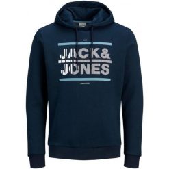 Bluza męska Jack & Jones niebieska, z kapturem i nadrukiem. Niebieskie bluzy z kapturem Jack&Jones, m, bez wzorów, z bawełny, z kapturem. Za 211.99 zł.