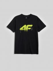4F T-shirt regular z nadrukiem męski - czarny M. Czarne t-shirty 4F, m, bez wzorów, z bawełny, bez kołnierzyka, bez ramiączek. Za 59.99 zł.