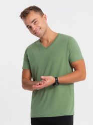 Bawełniana klasyczna męska koszulka z dekoltem w serek BASIC - zielona V10 OM-TSBS-0145 - 4XL. Zielone t-shirty Ombre Clothing, m, bez wzorów, z bawełny, bez kołnierzyka, bez ramiączek. W wyprzedaży za 24.99 zł.